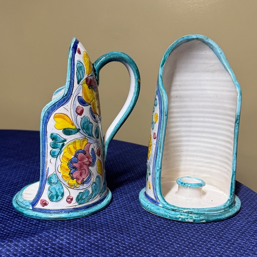 Italian pottery candle holders with handles signed Italy 4059 8.5” tall